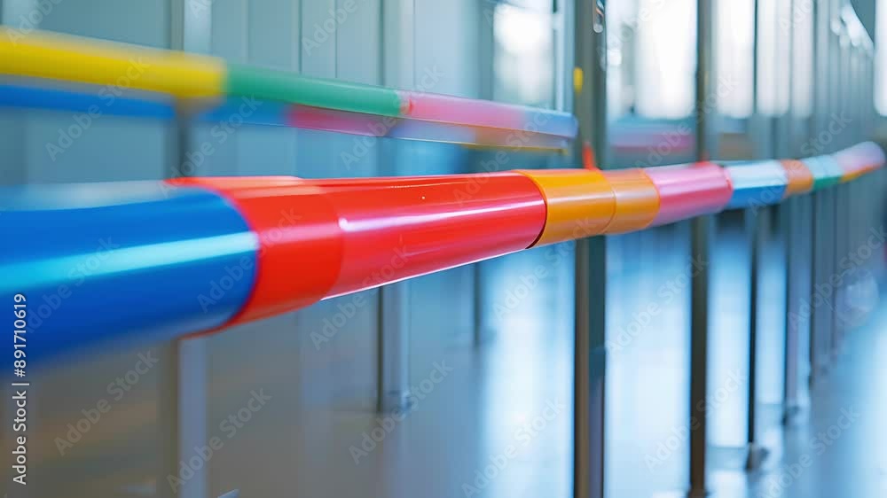 The barre lined with colorful resistance bands offering a variety of strength and conditioning exercises for the dancers. The barre lined with colorful resistance bands offering a variety of strength and conditioning exercises for the dancers.