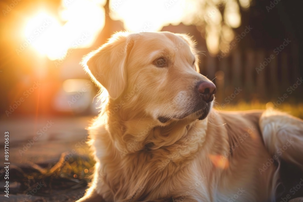A golden retriever lies on the grass, bathed in the warm glow of the sunrise, exuding a sense of contentment and peacefulness in the early morning light. A golden retriever lies on the grass, bathed in the warm glow of the sunrise, exuding a sense of contentment and peacefulness in the early morning light.