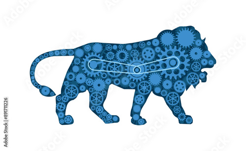 make in India concept vector illustration. lion made with blue gears. industrial development