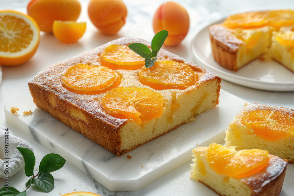 freshly baked cake topped with orange slices and sugar dust, perfect for dessert or tea time freshly baked cake topped with orange slices and sugar dust, perfect for dessert or tea time