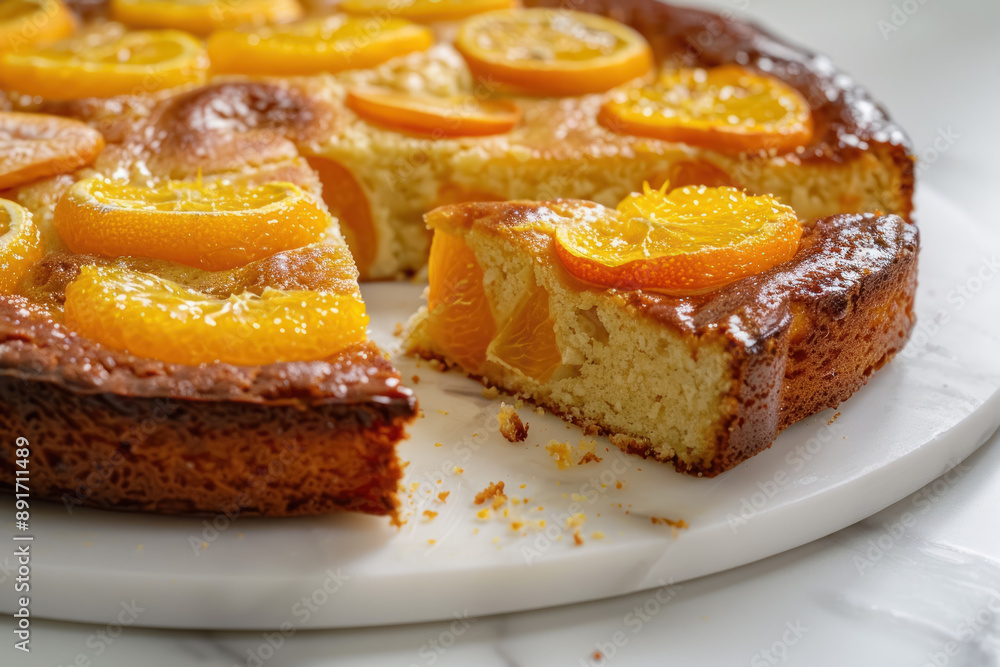 citrus delight: a moist cake topped with glazed tangerine slices on a white serving platter citrus delight: a moist cake topped with glazed tangerine slices on a white serving platter
