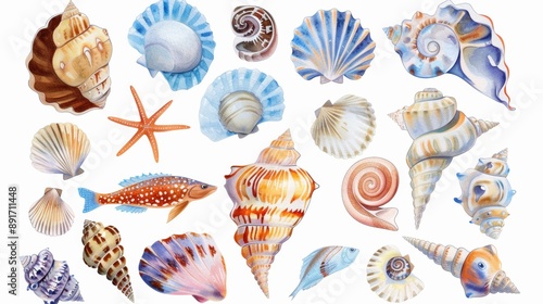 Watercolor cartoon sea shells collection isolated on white background. Fish isolated on white. Photo realistic photo.