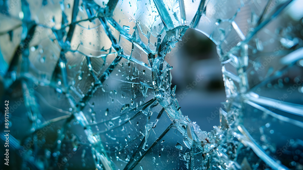 Shattered Glass Close-Up: Detailed Texture of Cracked and Broken Window Shattered Glass Close-Up: Detailed Texture of Cracked and Broken Window
