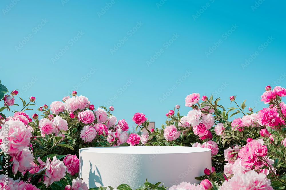 Empty Podium Decorated With Pink and White Peonies Empty Podium Decorated With Pink and White Peonies