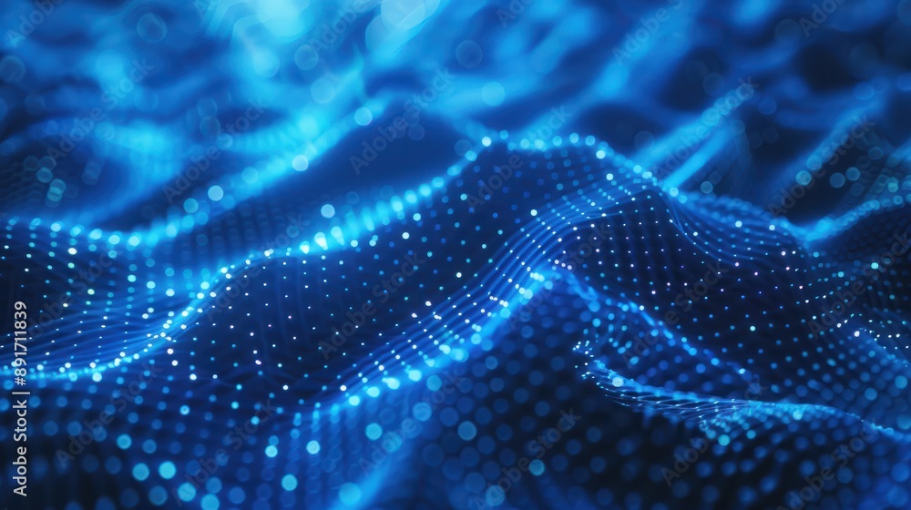 Ripple of dots and interlaced lines. Abstract blue backdrop designed around the themes of cyberspace, big data, metaverse, network security, and data transmission, set against a dark blue abstract cy Ripple of dots and interlaced lines. Abstract blue backdrop designed around the themes of cyberspace, big data, metaverse, network security, and data transmission, set against a dark blue abstract cy