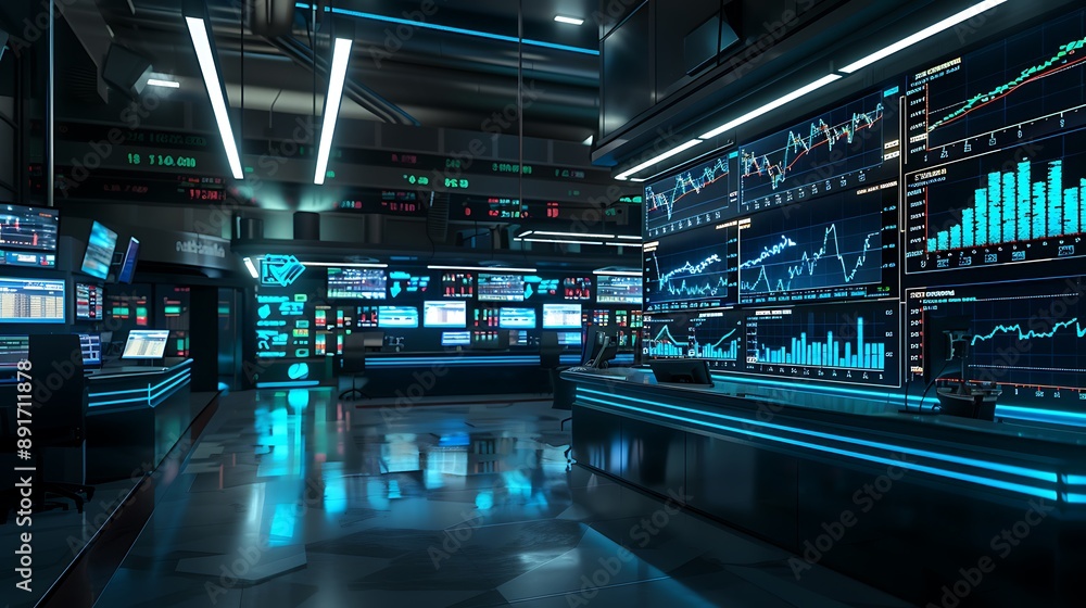 Immersive stock trading control center with holographic market visualizations. 3D render, cinematic lighting, dark tones. Immersive stock trading control center with holographic market visualizations. 3D render, cinematic lighting, dark tones.