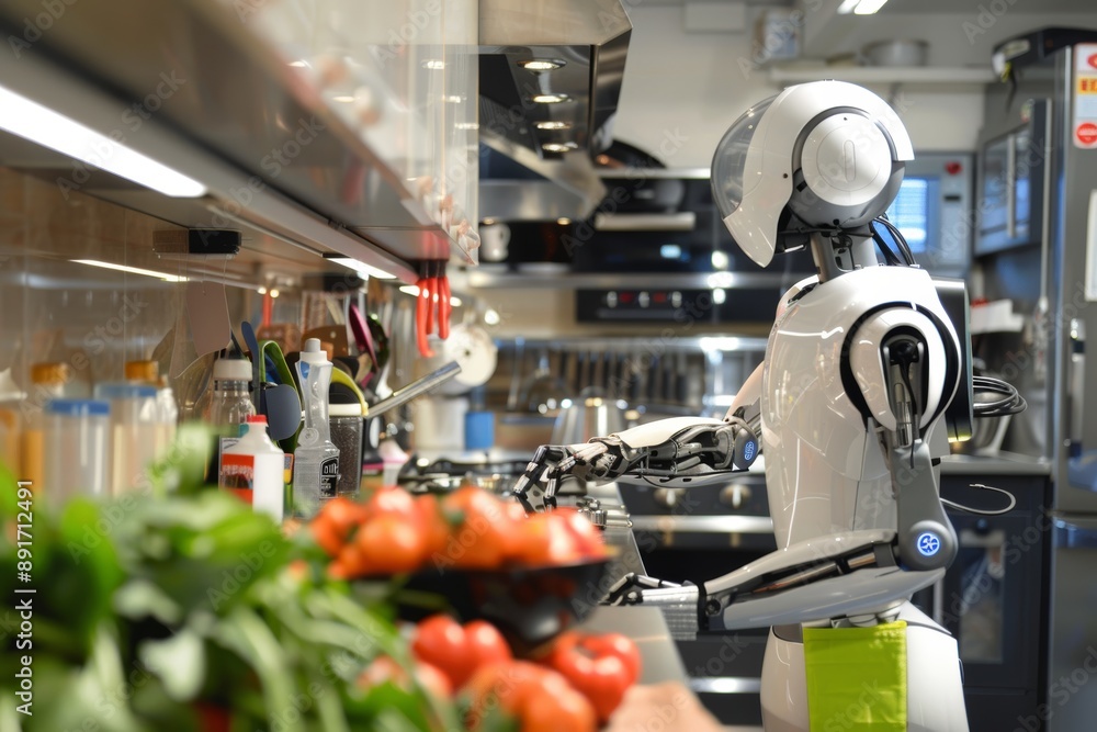 Fototapeta premium A white robot assistant works in a modern kitchen, preparing food