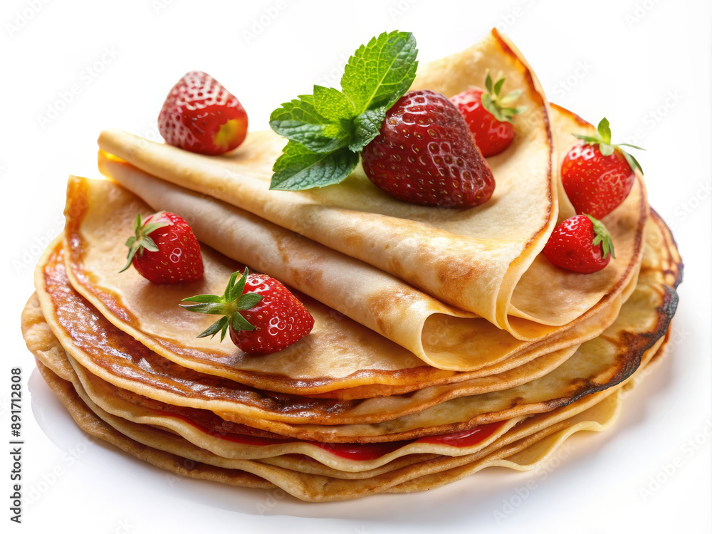 Stack of Freshly Made Crepes with Strawberries and Mint Stack of Freshly Made Crepes with Strawberries and Mint