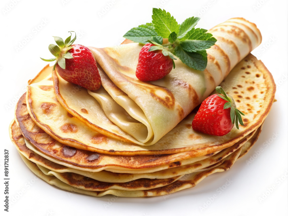Stack of Freshly Made Crepes with Strawberries and Mint Stack of Freshly Made Crepes with Strawberries and Mint