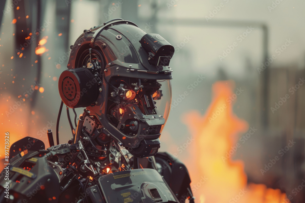 Fototapeta premium A close-up of a robot firefighter with a helmet and glowing eyes, facing a blaze in the background