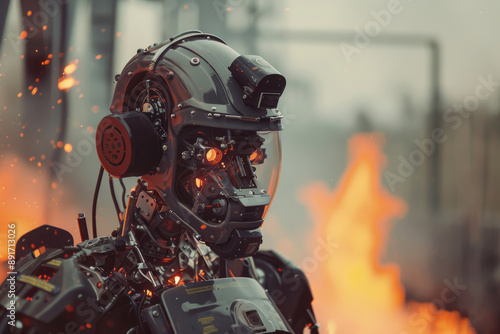 A close-up of a robot firefighter with a helmet and glowing eyes, facing a blaze in the background © happy_finch