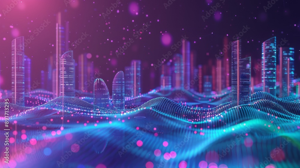 Smart city and abstract dot point connect with gradient line and aesthetic Intricate wave line design , big data connection technology concept Smart city and abstract dot point connect with gradient line and aesthetic Intricate wave line design , big data connection technology concept