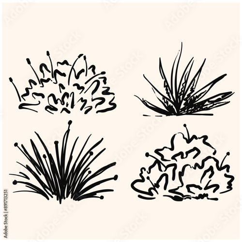 Shrub of various shapes, bush of grass With illustration style doodle and line art