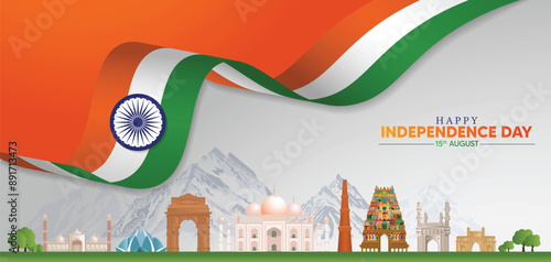 Indian independence day waving flag ribbon with famous landmarks vector poster
