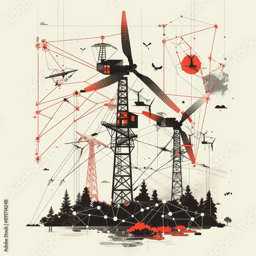 a poster with a wind turbine and a city