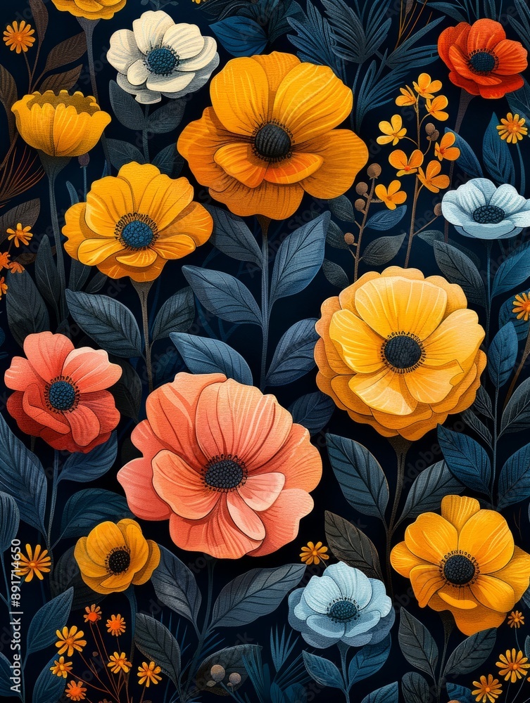 Fototapeta premium Cartoon flower with leaf vector illustration on black background, printed in mixed media style, light orange and indigo