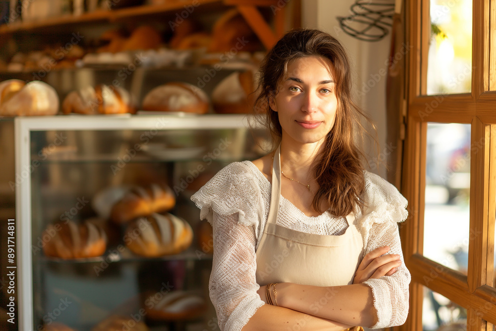 Confident Baker Woman Standing in Her Bakery Shop During Golden Hour Confident Baker Woman Standing in Her Bakery Shop During Golden Hour