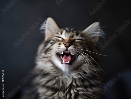 Close-Up Portraits of Happy Fluffy Cats with Joyful Expressions on Dark Backgrounds Showcasing Soft and Well-Groomed Fur