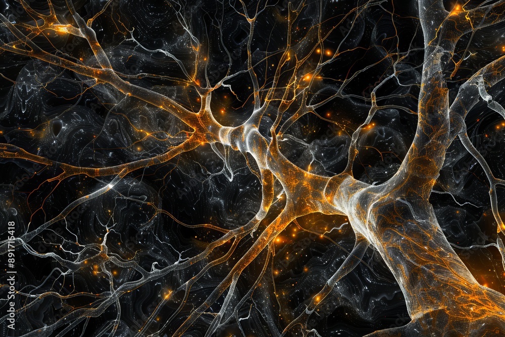Intricate network of neuron dendrites illuminated with golden light Intricate network of neuron dendrites illuminated with golden light