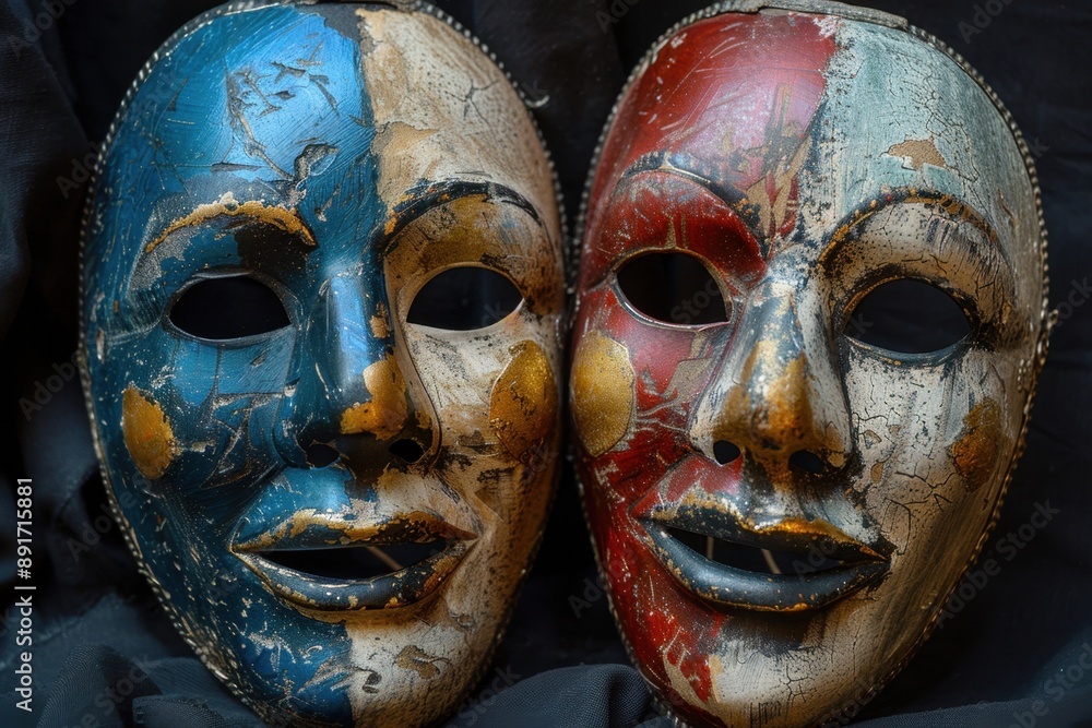 Two dramatic masks, one cheerful and the other sorrowful. The cheerful mask features bright colors and a wide smile, while the sorrowful mask is characterized by muted tones and a downturned expressio Two dramatic masks, one cheerful and the other sorrowful. The cheerful mask features bright colors and a wide smile, while the sorrowful mask is characterized by muted tones and a downturned expressio