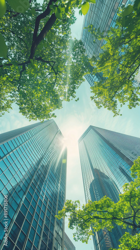 office building landscaped with plants, created with generative AI technology