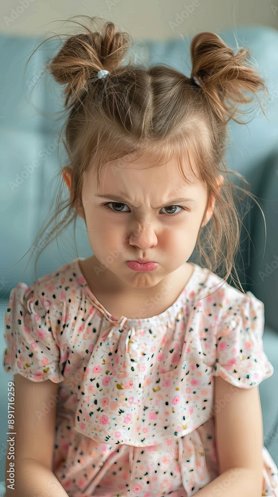 Adorable Little Girl with Pigtails Making a Pouting Face in Cute Dress Adorable Little Girl with Pigtails Making a Pouting Face in Cute Dress