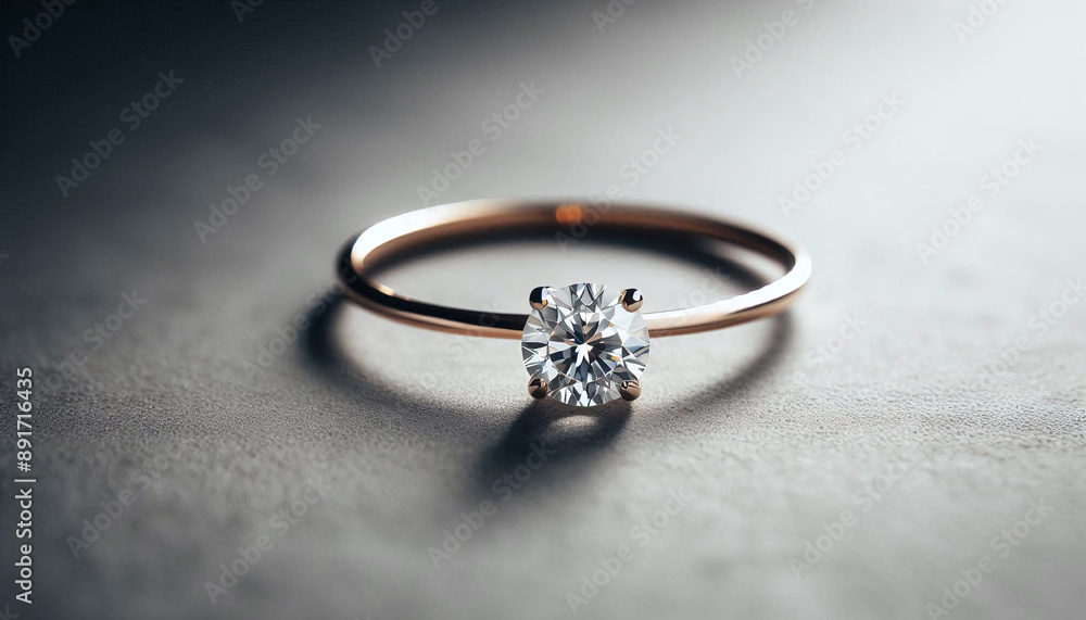 Close-up photo of an elegant diamond engagement ring with a prominent solitaire, set on a slender gold band. The textured grey background adds a touch of sophistication Close-up photo of an elegant diamond engagement ring with a prominent solitaire, set on a slender gold band. The textured grey background adds a touch of sophistication