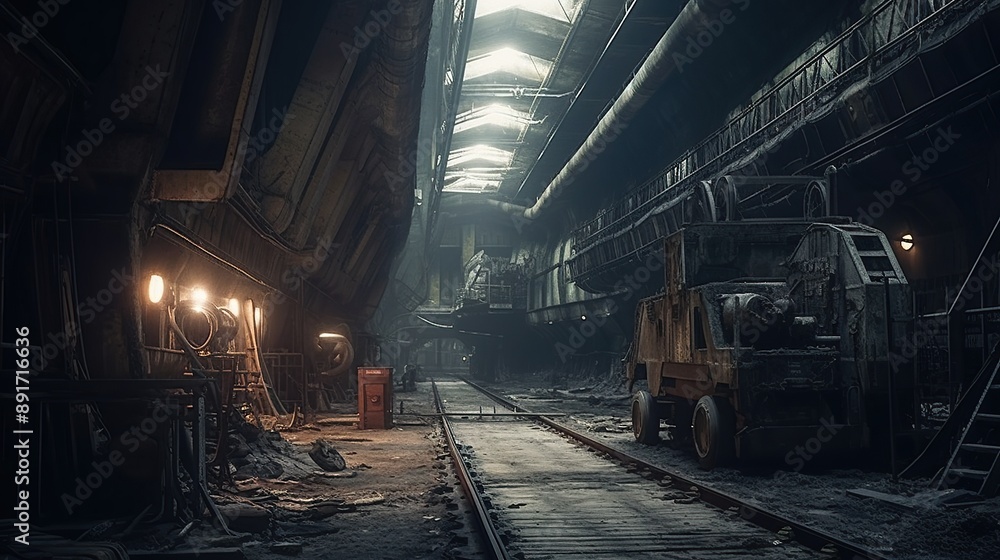 Gloomy underground mine with gantry crane and dim lighting Gloomy underground mine with gantry crane and dim lighting