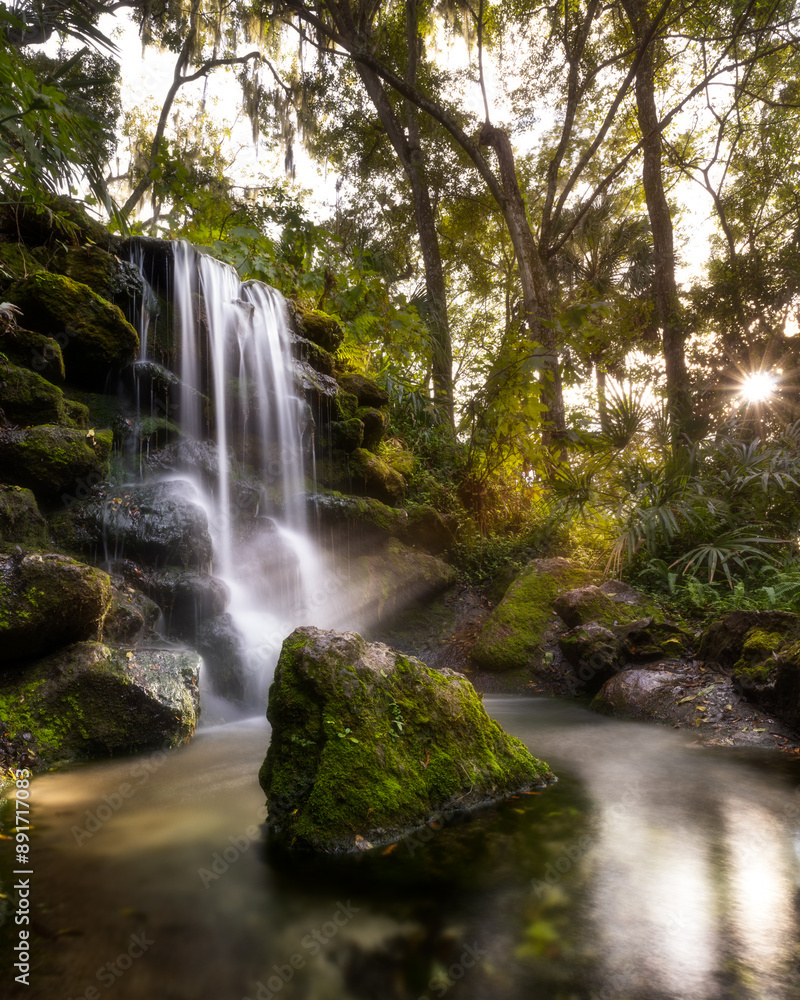 Fototapeta premium Beautiful waterfall with moss covered rocks and evening sun peeking through trees at Rainbow Springs State Park, Florida