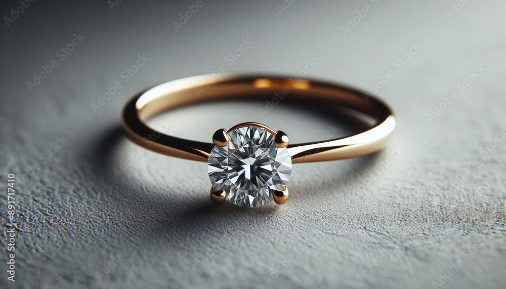 Close-up photo of an elegant diamond engagement ring with a prominent solitaire, set on a slender gold band. The textured grey background adds a touch of sophistication Close-up photo of an elegant diamond engagement ring with a prominent solitaire, set on a slender gold band. The textured grey background adds a touch of sophistication