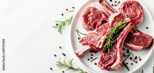 Fresh raw meat displayed on a white plate with herbs and spices, ideal for culinary and food photography.