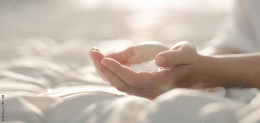 A gentle hand holds a small crystal, symbolizing calm and serenity, against a soft bed backdrop in warm sunlight. A gentle hand holds a small crystal, symbolizing calm and serenity, against a soft bed backdrop in warm sunlight.