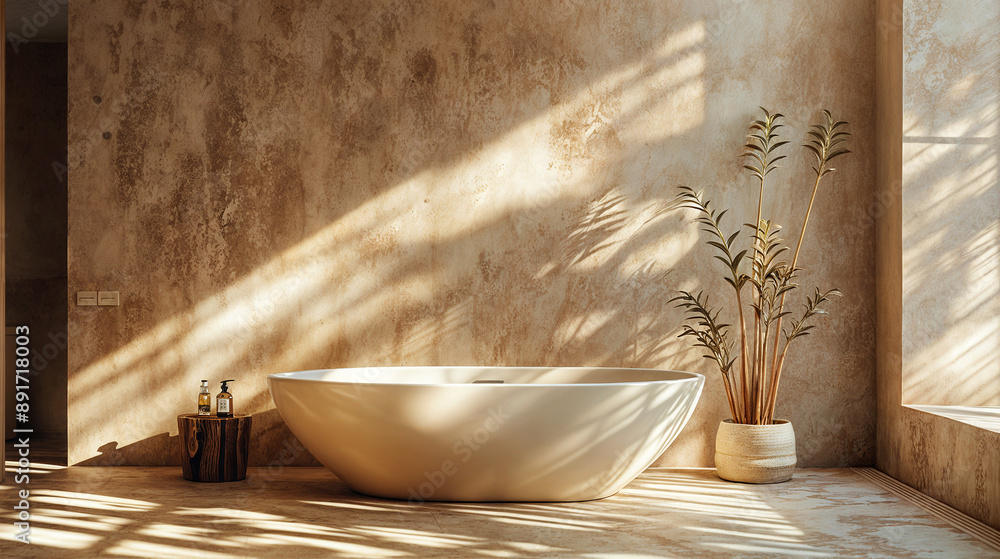 A large white freestanding bathtub with a modern design is located in a bathroom with a warm color palette A large white freestanding bathtub with a modern design is located in a bathroom with a warm color palette