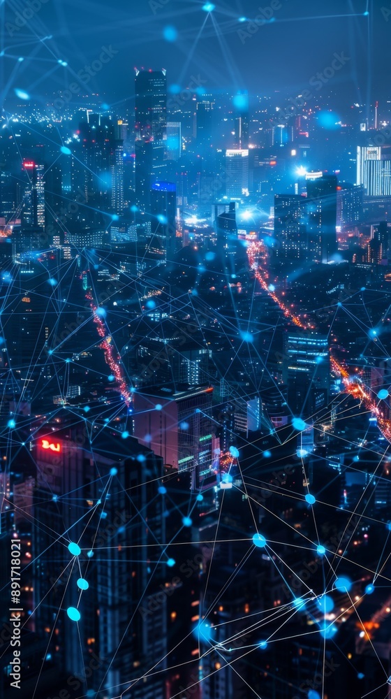 Abstract Smart Digital Cityscape: Futuristic Interconnected Metropolis with Wireless Networks and Data Skyscrapers. Intelligent Urban Landscape Illustrating Next-Generation Technology, IoT Connectivit Abstract Smart Digital Cityscape: Futuristic Interconnected Metropolis with Wireless Networks and Data Skyscrapers. Intelligent Urban Landscape Illustrating Next-Generation Technology, IoT Connectivit