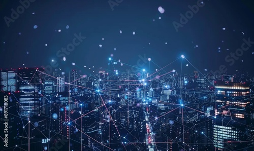 Abstract Smart Digital Cityscape: Futuristic Interconnected Metropolis with Wireless Networks and Data Skyscrapers. Intelligent Urban Landscape Illustrating Next-Generation Technology, IoT Connectivit