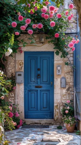 A charming cottage entrance with a vibrant blue door, climbing roses, and a rustic stone pathway, all bathed in soft morning light, creating an inviting atmosphere.