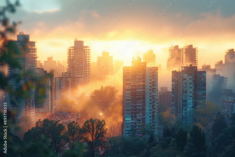 Fototapeta premium Dawn over the blurred city with tall buildings and towers under the rising morning sun. It's a morning in the metropolis, with a view of the city and sunrise from a green point.