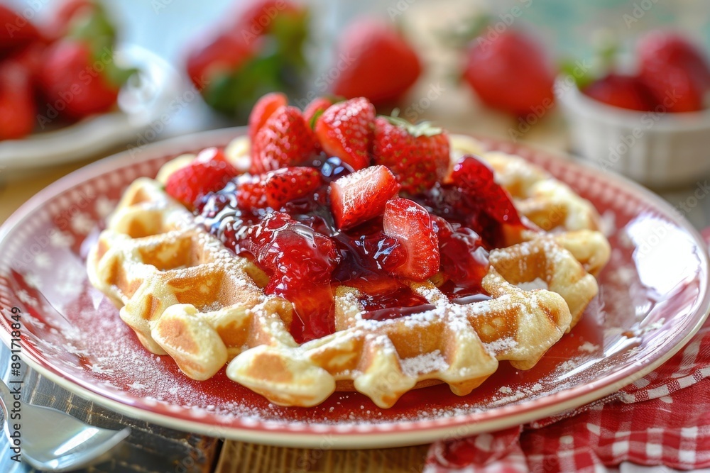 Delicious waffles topped with strawberry jam on a retro plate with a strawberry print, a perfect summer treat.
Delicious waffles topped with strawberry jam on a retro plate with a strawberry print, a perfect summer treat.