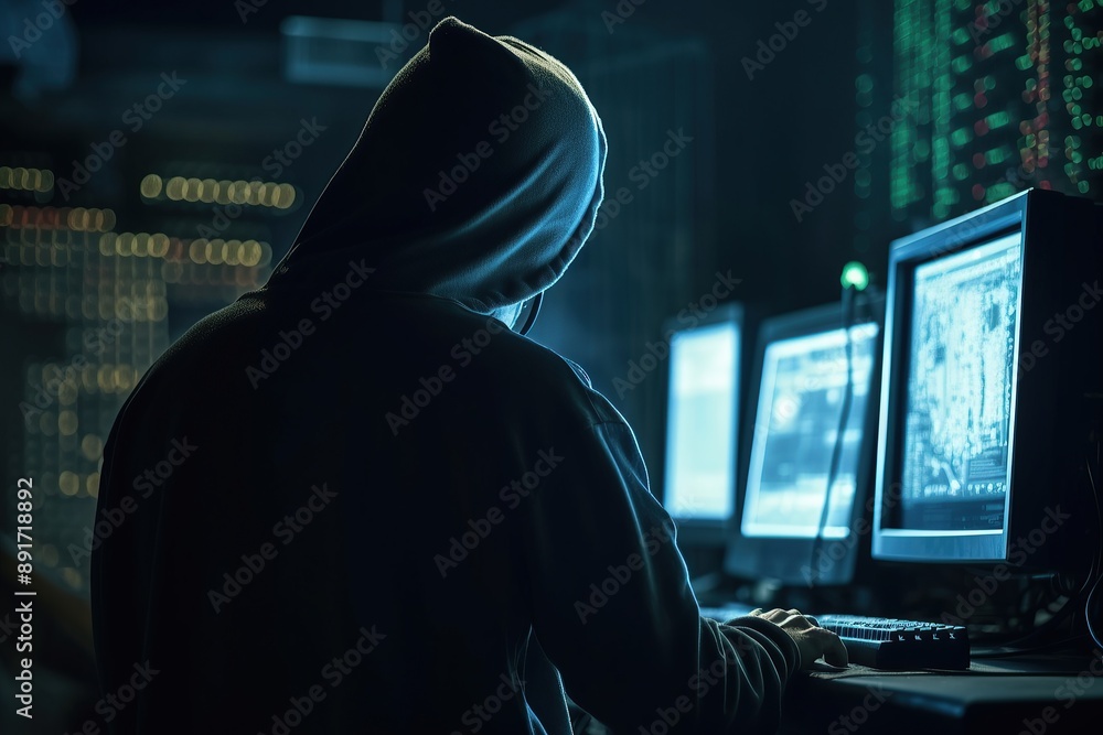 Hacker in hoodie working on multiple computer screens at night Hacker in hoodie working on multiple computer screens at night