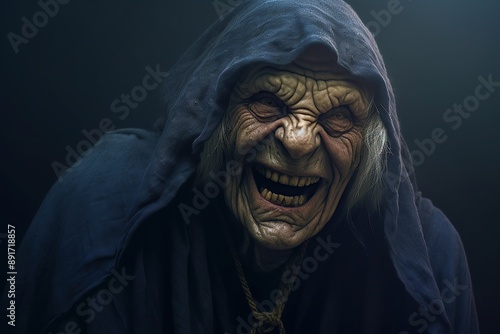 Old hag with dark blue skin in spooky cloak smiling wickedly