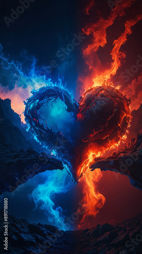 Burning heart. Ice and flame. Fantasy landscape.