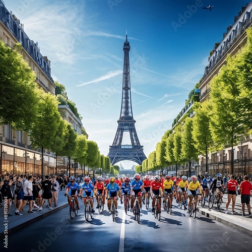 Cycling race at the Olympia 2024 in Paris in front of the Eiffel Tower. Nice weather - blue sky, sun and green trees. Fans cheering for the cyclists and having fun. photo