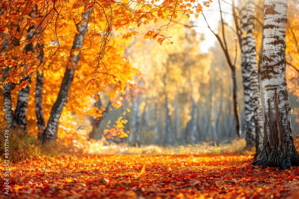 Fototapeta premium A forest with trees in autumn foliage, showcasing a scenic and serene atmosphere.