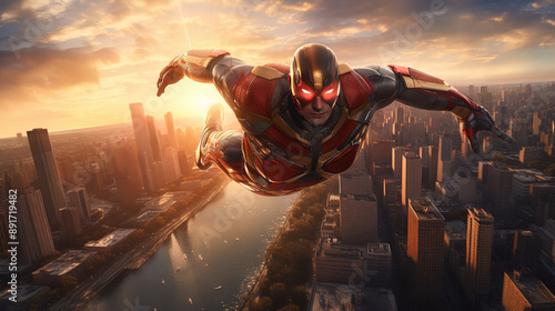 Superhero flying in the sky with costume and cape. Action movie blockbuster shot.