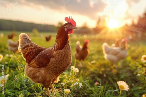 happy freerange chickens roaming on sunny farm meadow animal welfare and care concept photo