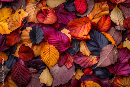 Wallpaper Mural A close-up view of a background filled with a dense and colorful array of autumn leaves. The leaves display a rich palette of fall colors, including shades of red, orange, yellow, and purple,  Torontodigital.ca