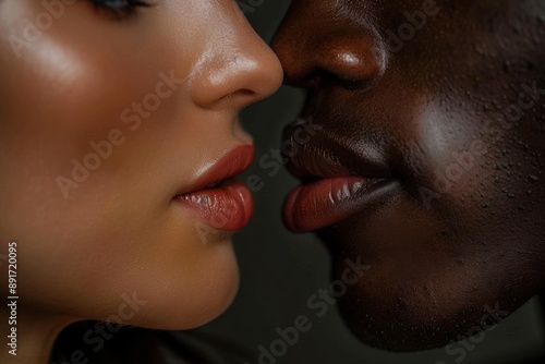 A tender closeup of two people from different backgrounds leaning in for a kiss, with soft focus and warm tones highlighting their lips and faces, set in romantic lighting.