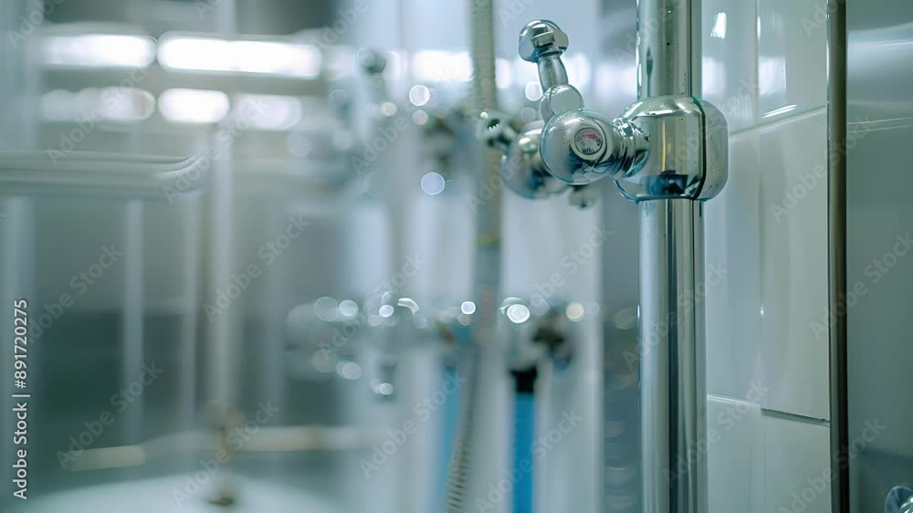 A safety shower stands ready for use in case of accidental chemical spills or exposure. A safety shower stands ready for use in case of accidental chemical spills or exposure.
