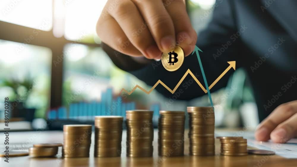 Businessman stacking coins with Bitcoin symbol, illustrating financial growth and cryptocurrency investment. Concept of digital currency, economic progress, and wealth accumulation 