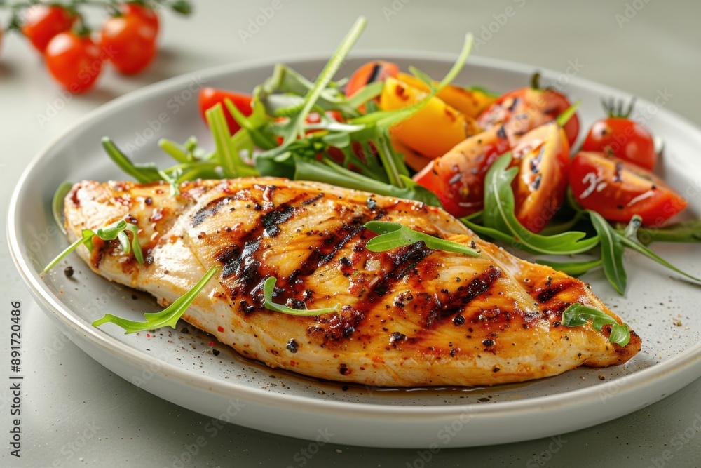 grilled chicken fillet served with a fresh salad and cherry tomatoes on a white plate, styled for a culinary magazine. Food photography showcasing vibrant colors and appetizing presentation. grilled chicken fillet served with a fresh salad and cherry tomatoes on a white plate, styled for a culinary magazine. Food photography showcasing vibrant colors and appetizing presentation.